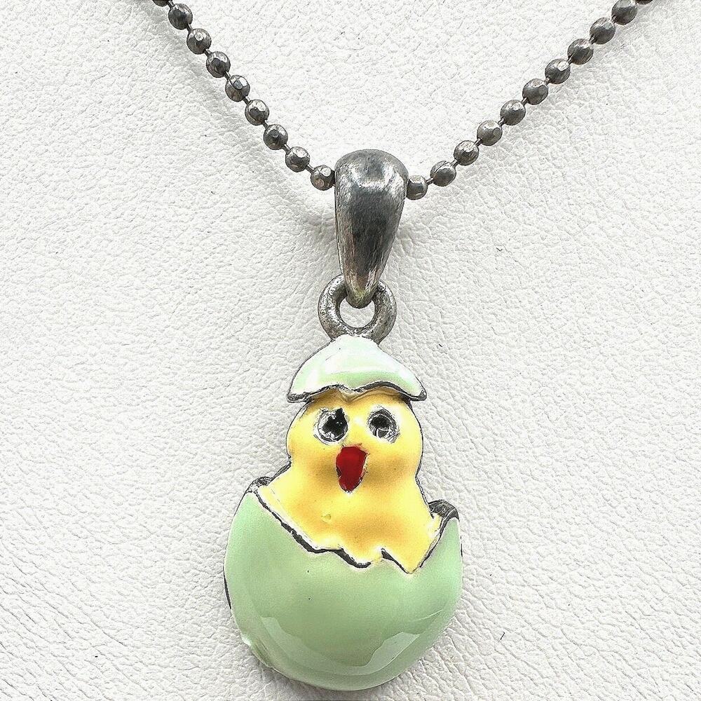 Vintage Y2K Cookie Lee Enamel Easter Chick Egg Necklace Silver Tone Ball Chain